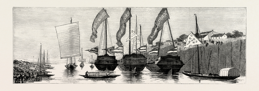 Conveyance of the Remains of the Late Marquis Tseng to Hunan Down the River Peiho, Hai River, China, 1890 Engraving