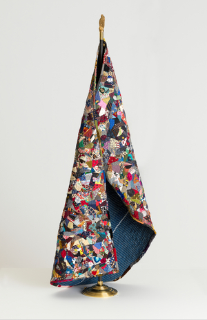 American Standard / Crazy Quilt, 2017-2018 (fabric, thread, fiber fill, brass, bronze, patina, gold plate, stainless steel, embroidery floss, viscose thread, wax)