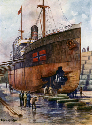 A tramp steamer in dry dock (colour litho)