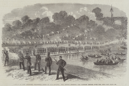 Review of the Cheshire Volunteer Corps on the Roodee, the Troops crossing the Pontoon Bridge over the Dee (engraving)
