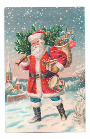 Edwardian postcard of Father Christmas with a sack of toys on his back and carrying a Christmas tree, c.1910 (colour litho)