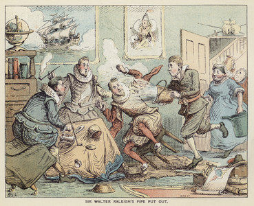 Sir Walter Raleigh's pipe put out (colour litho)