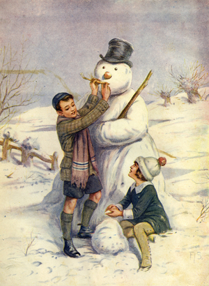 Winter scene: children making a snowman