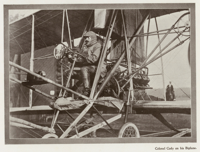 Colonel Cody on his Biplane (b/w photo)