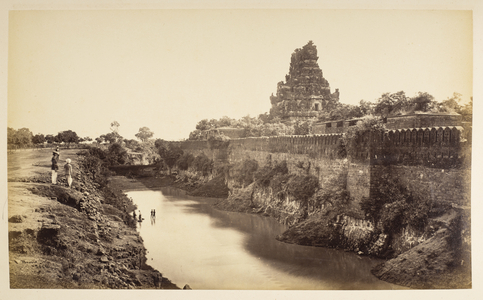 The ramparts of Tanjore with outer gopuram of the Pagoda, 1869 (b/w photo)