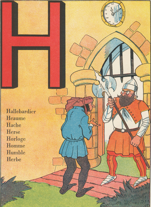 H: Hallebardier, Helm, Axe, Harrow, Clock, Man, Humble, Grass