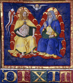 Master of the Vitae Imperatorum: The Trinity, miniature from an illuminated choirbook on vellum, c.1440 (paint and burnished gold on vellum)