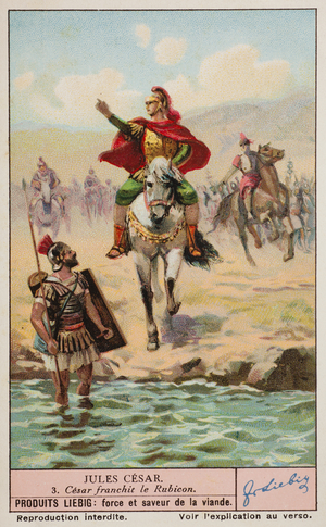 Liebig Chromos. Trade card.Series 1378, Julius Caesar, no 3, Caesar crossing the Rubicon river. 1938.