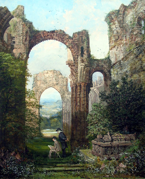 England / UK: Self-portrait of Samuel Rayner painting at Lindisfarne Abbey in 1876, watched by his son. Samuel Rayner (1806 - 1879)