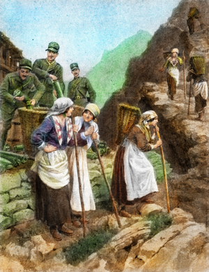 Women shell-carriers on the Italian front Patriotic women of italy are able to take an active part in their brothers' campain by conveyng shells in baskets to mopntain batteries