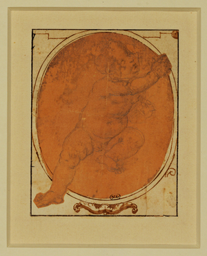 A nude child, sitting, right leg extended …