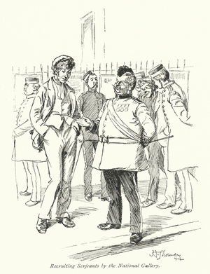 London: Recruiting Serjeants by the National Gallery (colour litho)