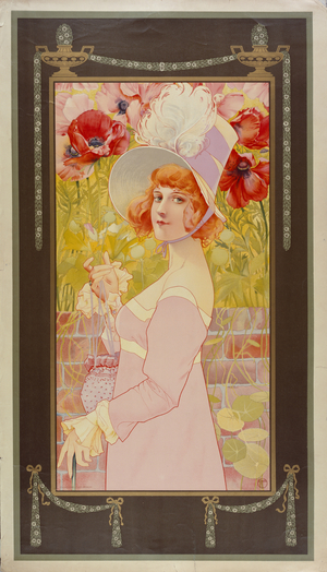 An elegant woman stands in front of a garden wall, ca. 1910