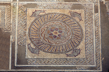 Europe, Portugal, Conimbriga, 1st Century AD Roman site, House of the Fountains, mosaic floor, fish.