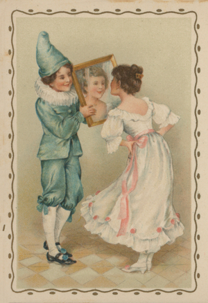 Boy showing a girl her reflection in a mirror (colour litho)