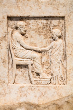 Funeral stele: young girl and her father with a dog (Marble)