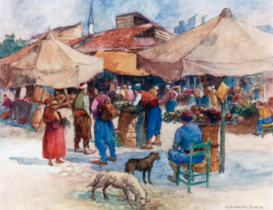 Market at Scutari (colour litho)