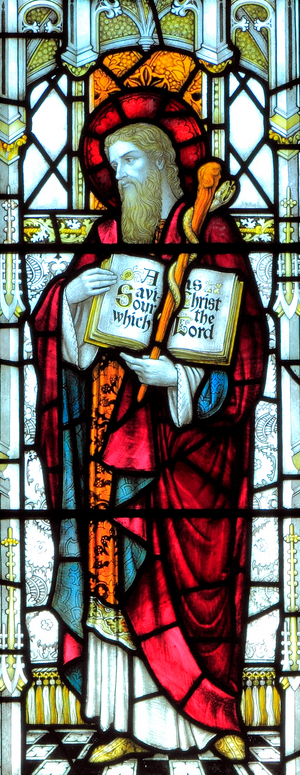 St. Luke, stained glass window by Heaton, Butler & Bayne, 1878, Swaffham, Norfolk, England, UK (stained glass)
