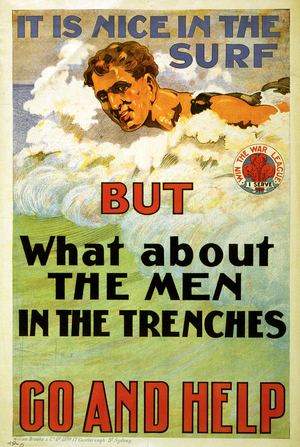 It is nice in the surf but what about the men in the trenches. Go and help. 1917  (lithograph)