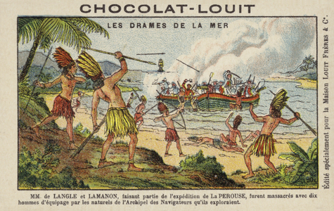 Killing of members of the La Perouse expedition, Samoa, 1787 (chromolitho)