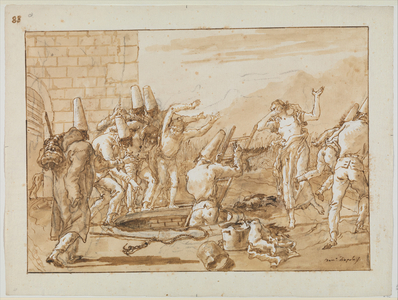 Punchinello Retrieving Dead Fowls from a Well, c.1800 (pen & ink on paper)