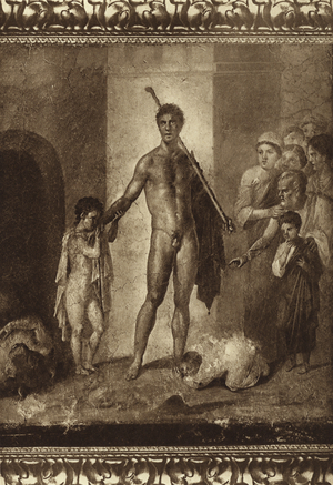 Theseus vanquishing the Minotaur, Wall painting by Ercolano (b/w photo)