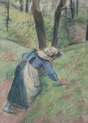 Peasant woman weeding the grass (pastel heightened in places with a pink wash)