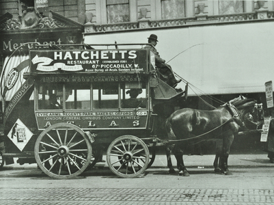 Horse-drawn omnibus of London Central Omnibus Company Ltd, 1906 (b/w photo)