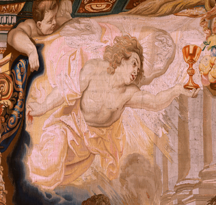 Flemish tapestry. Series The Triumph of the Eucharist. Victory of the Eucharist over pagan sacrifices (Victoria de la Eucaristía sobre los sacrificios paganos). Fourth tapestry in the series. Model Peter Paul Rubens. 1626-1628. Manufacture Jan II Raes, Jacob II Geubels, Hans Vervoert, Jacques Fobert. Brussels, 1627-1632. Fabric Silk and wool.