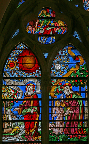 Window w40 depicting the Creation and creation of Adam (stained glass)