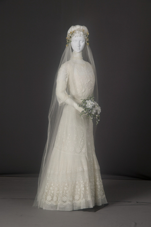 Wedding dress, 1910 (front oblique view), Embroidered net, lace, Maker unknown