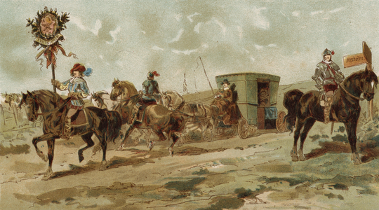 Rubens carriage, Spanish Netherlands, early 17th Century (colour litho)