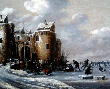 A Winter Landscape with Skaters by a Fortified Gatehouse, 1668 (oil on panel)