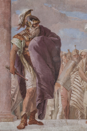 Palazzina (Small Building): view of the first room and its frescoes representing episodes from the Iliad: "Athena prevents Achilles from drawing his sword against Agamemnon", detail of King Agamemnon, 1756-57 (fresco)