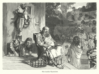 Performance of a comedy at a theatre in Ancient Greece (engraving)