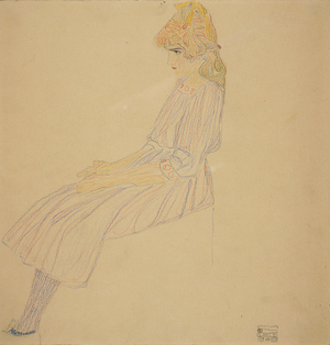 Seated Girl in Striped Dress, 1909 (colored crayon on heavy yellowish paper)