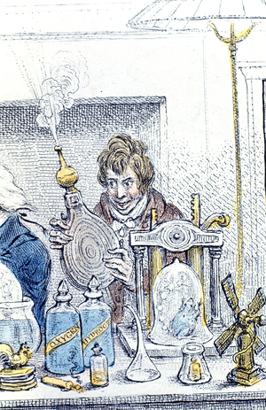 Humphry Davy (1778-1829) English chemist. Detail from Gilray cartoon New Discoveries in Pneumatics showing a meeting of the Royal Institution, London.