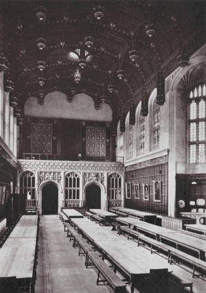 Cambridge: King's College, Interior of Hall, looking West, by W Wilkins (b/w photo)