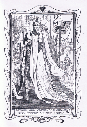 Arthur and Guenevere kiss before all the people, illustration from The Book of Romance published by Longmans Green and Co, 1919 (litho)