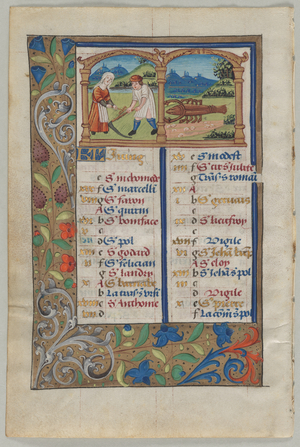 Calendar Page for June (verso), c. 1510 (ink, tempera, gold, vellum)