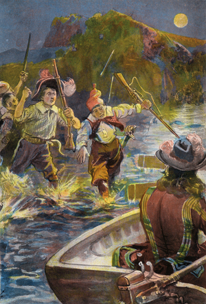 Robinson Crusoe: Our men rush for the boats (colour litho)