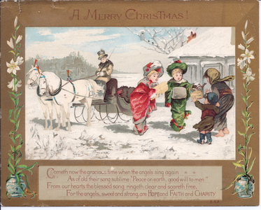 A Victorian Christmas card of two ladies beside a horse drawn carriage giving gifts to a boy and a girl, c.1880 (colour litho)