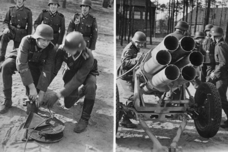 Soldiers during the training at the smoke projector, 1943 (b/w photo)