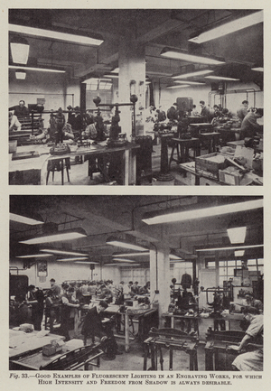 Good examples of fluorescent lighting in an engraving works, for which high intensity and freedom from shadow is always desirable (b/w photo)