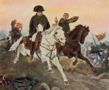 Napoleon fleeing at Waterloo, 18 June 1815 (enhanced colour litho)
