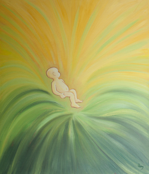 Through baptism Divine Life is poured into a child's heart and spreads out to others, 2001 (oil on board)