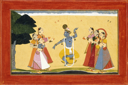 Krishna Dancing Before the Cowgirls as they Clap their Hands, c.1730-1735 (w/c on red paper)