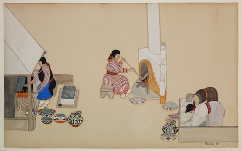 Women Weaving and Supervising Kiln, early 20th century (casein on paper)
