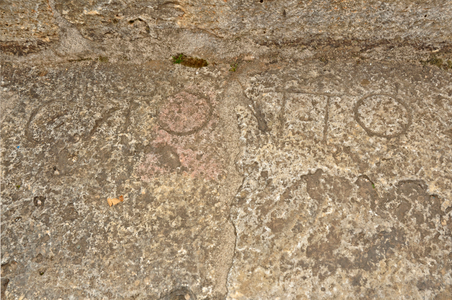 Roman theatre, ancient carvings of names to denote owners of seats,  Ohrid,  Macedonia, Europe
