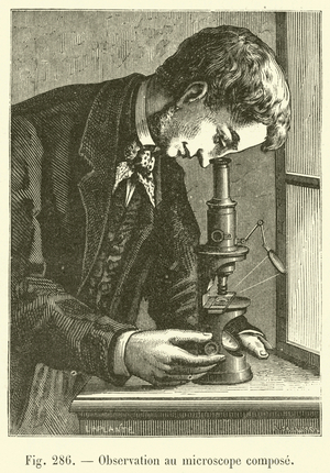 Observation au microscope compose (engraving)
